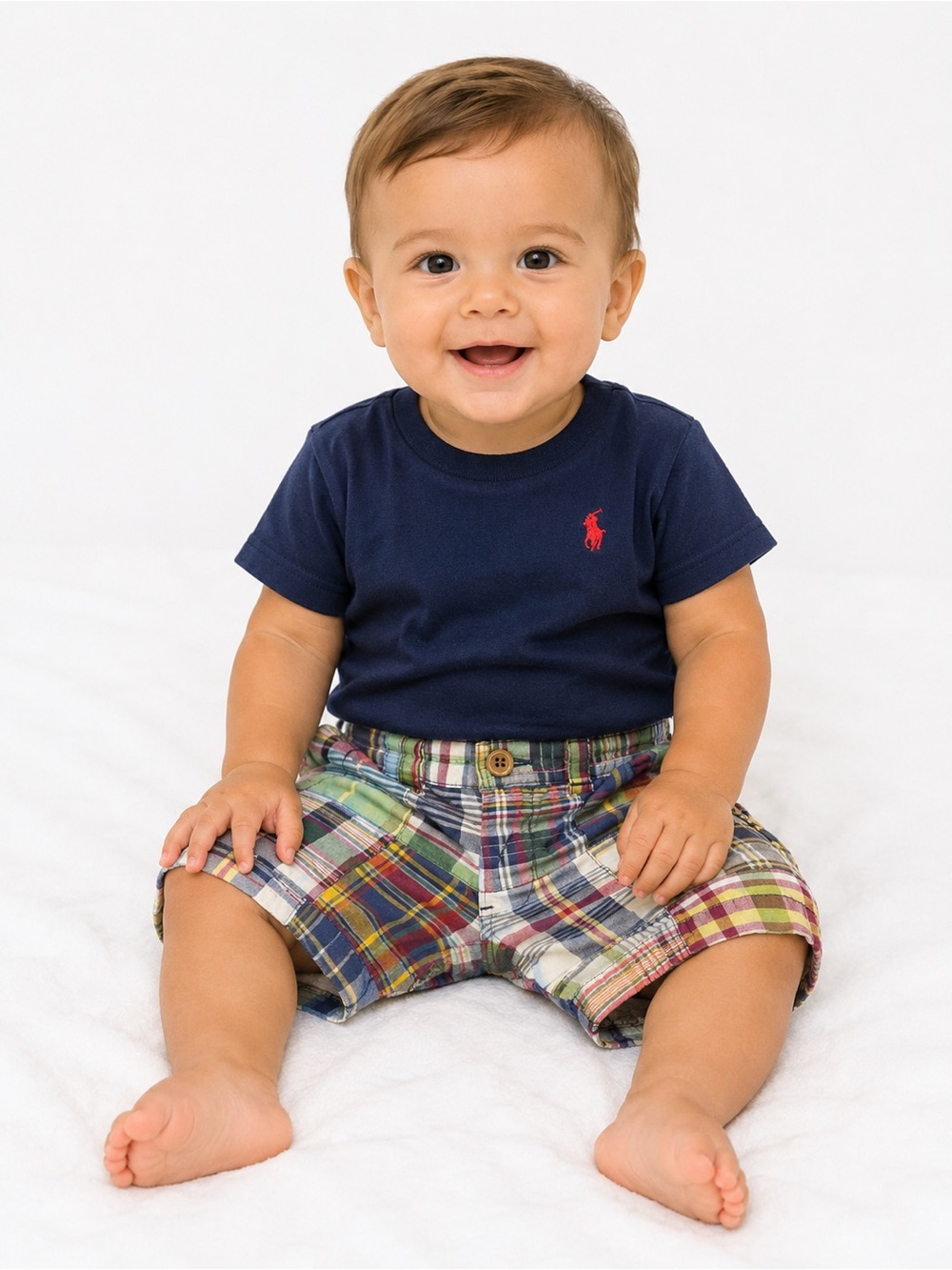 Ralph Lauren Navy Baby Tee with Red Pony & Plaid Shorts - 0627